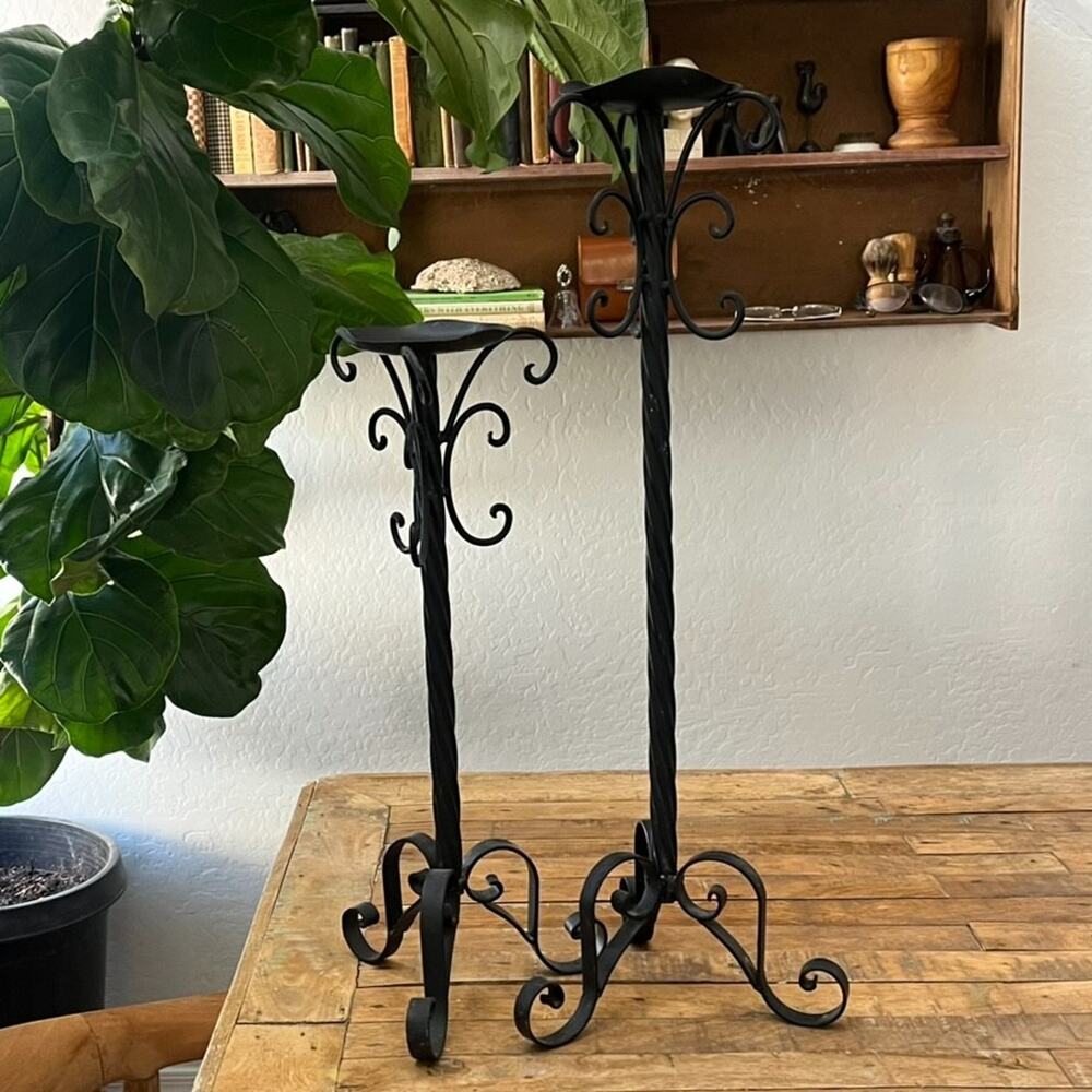 Vintage Black Metal Scroll Candle Holders Stand
